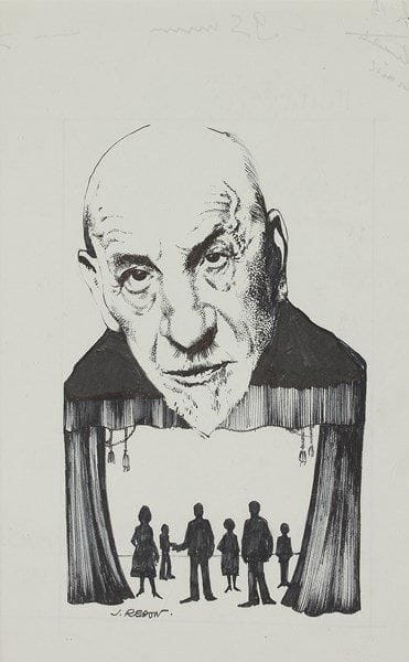[Luigi PIRANDELLO (1867-1936)]. Jacky REDON (né 1946). Pirandello et ses Six Personnages. Dessin original à l?encre de Chine, signé en bas à gauche; 30 x 20 cm. On joint un dessin original d?André LEBON à l?encre de Chine, signé: Sacha Pitoëff, Lucien Raimbourg, Carmen Pitoëff, Michel Vitold et Béatrice Bretty dans Ce soir on improvise, 1958 (24 x 32 cm)