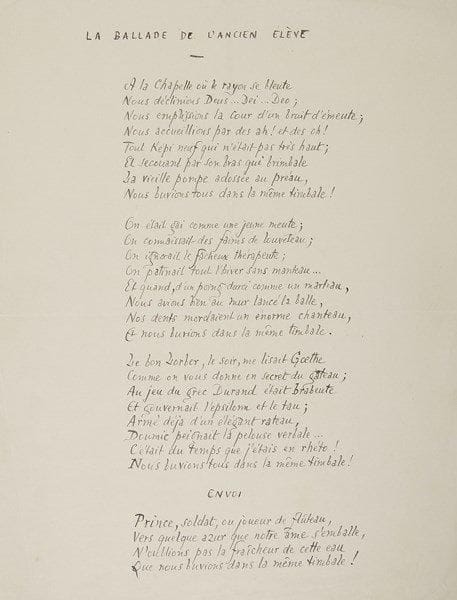 Edmond ROSTAND
La Ballade de l?Ancien Élève, [1904]. Poème autographe; 1 page in-4. Au début de l?été 1904, Constant Coquelin, créateur de Cyrano de Bergerac, parvient à obtenir d?Edmond Rostand, alors réfugié à Cambo où il ne travaille plus guère, en état de dépression quasi perpétuel, un texte spécialement conçu pour le centenaire du collège Stanislas, rue Notre-Dame-Des-Champs. C?est cette Ballade de 28 vers:{CR} «À la chapelle où le rayon se bleute{CR} Nous déclinions Deus... Dei... Deo;{CR} Nous emplissions la cour d?un bruit d?émeute»...{CR} La Ballade s?achève par cet envoi:{CR} «Prince, soldat, ou joueur de flûteau, {CR} Vers quelque azur que notre âme s?emballe,{CR} N?oublions pas la fraîcheur de cette eau {CR} Que nous buvions dans la même timbale !»