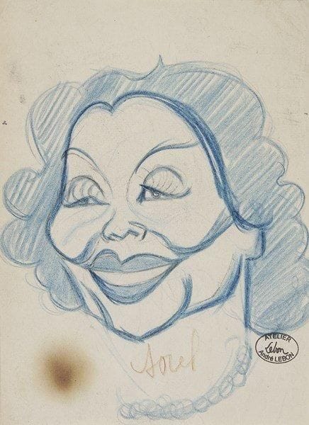 [Cécile SOREL (1873-1966)]. Jean-Dominique VAN CAULAERT (1897-1979). Cécile Sorel dans Sapho, 1934. Dessin original à l?encre de Chine, signé et daté 34 en bas à droite; 17 x 13 cm (encadré). Tête de profil de la comédienne dans la pièce Sapho d?Alphonse Daudet et Adolphe Belot. On joint un autre portrait de Cécile Sorel dessiné au crayon bleu par André Lebon, une photo signée (studio Iris) et divers documents