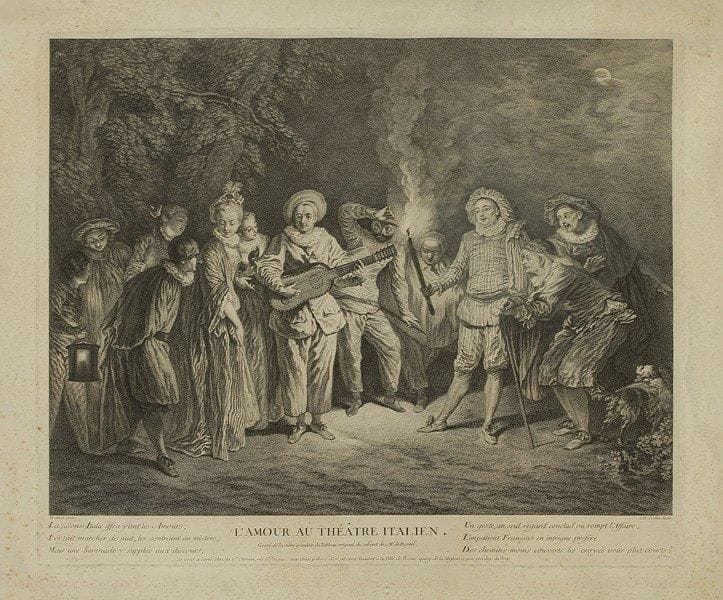 THÉÂTRE ITALIEN. L?Amour au Théâtre Italien. Gravure originale de Cochin, d?après un tableau de Watteau (Chez la Veuve Chéreau, rue Saint-Jacques, à Paris); encadrée, à vue 47 x 60 cm (petites rousseurs sur les marges)