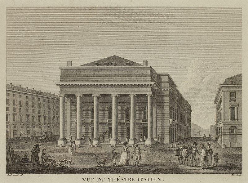 THÉÂTRE ITALIEN. Vue du Théâtre Italien, dessinée par Jean-Baptiste Lallemand et gravée par François-Denis Née, [vers 1790]; eau-forte, à vue 18 x 25 cm (encadrée). Salle construite par Jean-François Heurtier en 1783 place Favart, qui abrita le Théâtre de l?Opéra-Comique et le Théâtre Italien