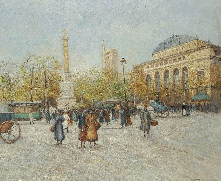 THÉÂTRE SARAH BERNHARDT. Huile sur toile signée Dubois, vers 1900; 50 x 60 cm à vue (encadrée). Vue de la place du Châtelet, avec le théâtre, et la Tour Saint-Jacques au fond