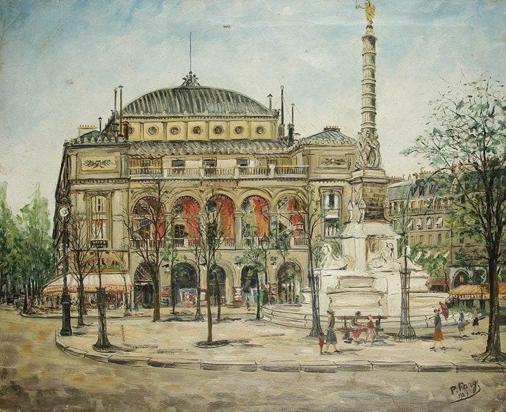 THÉÂTRE DU CHÂTELET. Huile sur toile signée P. Farge et datée 1929 en bas à droite; 65 x 81 cm (petits accidents). Vue de la place du Châtelet avec le théâtre du Châtelet