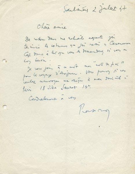 Mario PRASSINOS (1916-1985)
L.A.S., Saulnières 2 juillet 1947, à Élisabeth Prévost (administratrice du Festival d?Avignon); demi-page in-4 (trous de classeur). Le peintre a terminé les costumes pour Tobie et Sara et adresse sa «note de frais» pour son voyage d?Avignon