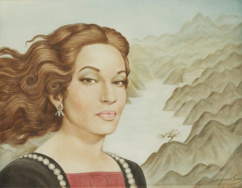 [Maria CALLAS]. L. MOON SOON. Maria Callas en Médée. Peinture sur soie, signée en bas à droite; 32 x 41 cm (encadrée)