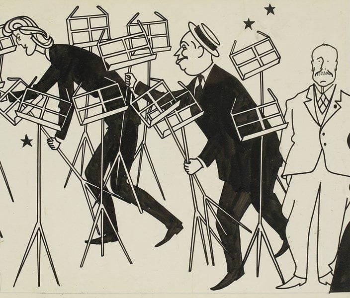 Jan Mara (1912-1992)
Le Petit Festival de Suresnes (17 novembre 1951). Dessin original à l?encre de Chine et lavis; 30 x 150 cm, frise signée à gauche, encadrée en 4 parties. Publiée dans Carrefour, cette fresque représente la manifestation de Suresnes dans sa continuité: concert classique; puis récital Maurice Chevalier, lequel débarrasse ensuite les pupitres avec Gérard Philipe; représentation du Cid, avec Philipe, Françoise Spira et Jean Vilar; entretien entre Jean Vilar et Armand Salacrou; enfin représentation de Mère Courage de Brecht, avec Germaine Montero et Jean Le Poulain