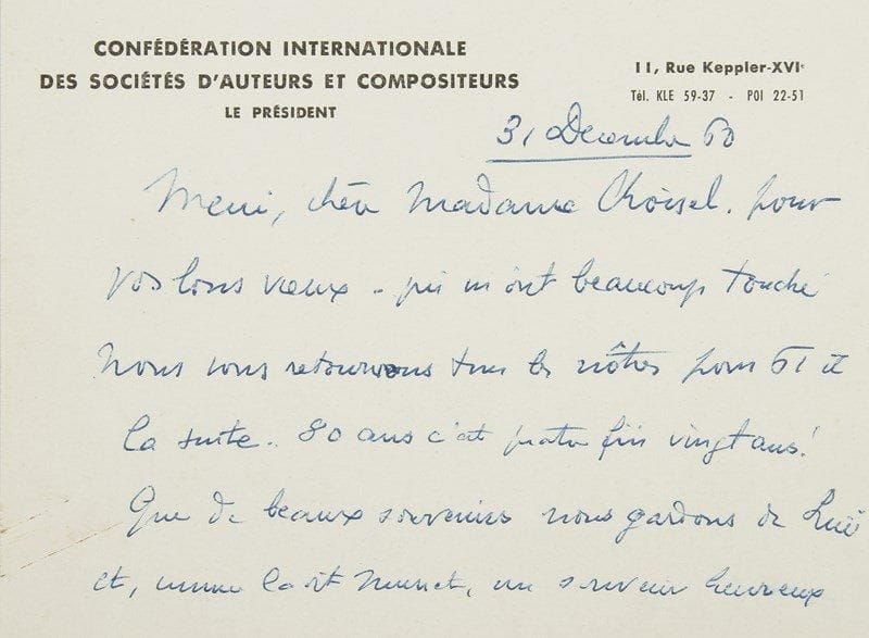 Albert WILLEMETZ (1887-1964). L.A.S., 31 décembre 1960, à Fernande Choisel; 1 page et demie obl. in-12, carte à en-tête de la Confédération internationale des Sociétés d?auteurs et compositeurs. L?ami le plus fidèle de Sacha Guitry remercie l?ancienne secrétaire du Maître de ses bons voeux et la félicite pour ses 80 ans («c?est quatre fois vingt ans»), terminant par cette brève évocation: «Que de beaux souvenirs nous gardons de Lui et comme le dit Musset, un souvenir heureux c?est mieux que le Bonheur !»..