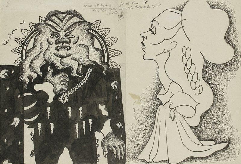 [Jean COCTEAU (1889-1963)]. André LEBON (1918-1996). La Belle et la Bête, 1946. 2 dessins originaux à l?encre de Chine et lavis, légendés, signés et datés 46, sous un même cadre; 27 x 30 cm. Jean Marais en Bête et Marie Déa en Belle