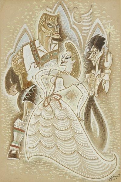 [Jean COCTEAU]. Maurice PICO (1900-1977). L?Aigle à deux têtes, [1947]. Gouache originale, signée en bas à droite; 50 x 35 cm (encadrée). Jean Cocteau et ses interprètes Edwige Feuillère et Jean Marais. On joint le programme de la création (Théâtre Hébertot, 1947)
