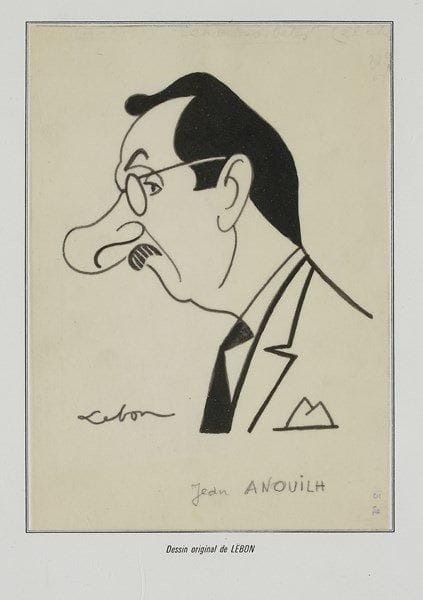 [Jean ANOUILH (1910-1987)]. André LEBON (1918-1996). Jean Anouilh. Dessin à l?encre de Chine, signé en bas à gauche; 20 x 14 cm (encadré). On joint 3 autres dessins signés de Lebon pour des pièces d?Anouilh: Colombe (1974) à la Comédie des Champs-Élysées, avec Daniel Colas, Luce Garcia-Ville, Pierre Bertin et Danièle Lebrun (2), et Le Directeur de l?Opéra (1972) avec Paul Meurisse et Jean Parédès