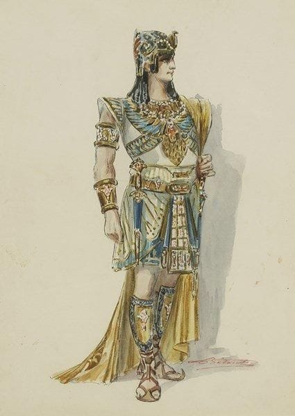 COSTUMES. Charles BÉTOUT (1869-1939). 2 maquettes de costumes de Radamès dans Aïda, gouaches originales, cachets de l?atelier en bas; 30 x 20 cm chaque (encadrées). Premier costume et deuxième costume pour le tableau du Triomphe dans l?opéra de Verdi
