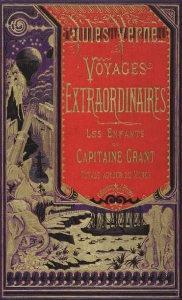 VERNE (Jules)
Les Enfants du capitaine Grant. Voyage autour du monde. Paris: J. Hetzel et Cie, (1882-1883). - Volume triple in-8, (2 ff.), 624 pp. Cartonnage à la bannière vermillon sur fond violet de type 5, plats biseautés (Lenègre). Édition illustrée de 172 vignettes par Riou gravées par Pannemaker. Cartonnage à la bannière vermillon sur fond violet, une des alliances rares et des plus recherchées pour ce titre. Reliure très habilement restaurée et reteintée. Rousseurs.