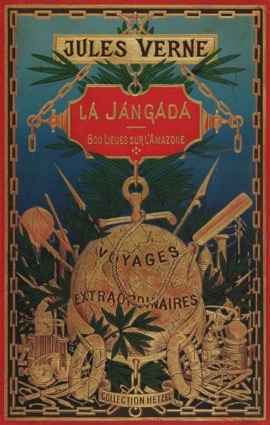 VERNE (Jules)
La Jangada, huit cents lieues sur l'Amazone. Paris: J. Hetzel et Cie, (1896). - Volume double in-8, (2 ff.), 378 pp., 8 pp. de cat., (1 f.). Cartonnage au globe doré (Engel). Édition ornée d'une carte à pleine page et de nombreuses compositions dans le texte par Benett. Catalogue O de 1896-1897 à la fin. Cartonnage au globe doré du type 3 avec plat d'un seul tenant, le dos au bandeau rouge et le second plat du type Engel "h". Bel exemplaire très habilement restauré, deux petites griffures sur le premier plat. Déchirure sans manque page 45.