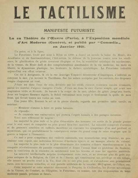 MARINETTI (Filippo Tommaso)
La Splendeur géométrique et mécanique et la sensibilité numérique. Manifeste futuriste. - Le Tactilisme. Manifeste futuriste. Milan: direction du mouvement futuriste, 11 mars 1914 (et) 11 janvier 1921. - Brochures de 2 ff. in-4 chacune. Très rares manifestes futuristes de Marinetti parus en brochure. Le second, intitulé Le Tactilisme, avait été lu au théâtre de l'Oeuvre à Paris, à l'exposition mondiale d'Art Moderne à Genève et publié par Comoedia en janvier 1921. Déchirures sans manque sur les bords de la brochure sur le tactilisme.