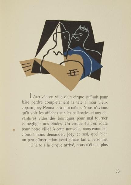 SAROYAN (William)
Contes. (Paris): Les 100 bibliophiles de France et d'Amérique, (1953). - In-4, 67 pp., (6 ff. 3 dern. bl.), couverture illustrée. En feuilles, couverture rempliée, chemise, étui. Édition réunissant L'Été du beau cheval blanc, Le Voyage à Hanford et Le Cirque, trois contes de William Saroyan extraits de son livre My name is Aram, traduits et préfacés par Anne Green. L'édition est illustrée de 11 bois originaux en couleurs, dont un sur la couverture, du peintre et illustrateur cubiste HENRI LAURENS dont c'est ici le dernier livre illustré. Tirage strictement limité à 147 exemplaires numérotés sur papier vergé à la cuve du moulin Richard de Bas, tous signés par la présidente de la Société des 100 bibliophiles et par Henri Laurens, celui-ci étant spécialement imprimé pour Jean Galia.