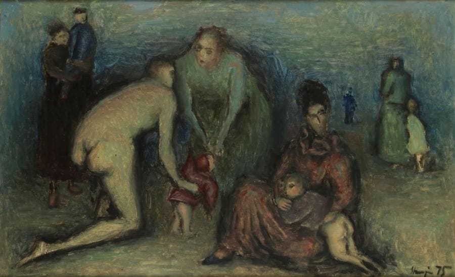 Valentine SHAPIRO (née en 1948)
La Famille, 1975 Huile sur toile. Signée et datée en bas à droite. 38 x 61 cm