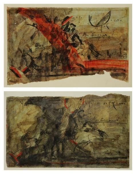 Sergeï VOLOKHOV (né en 1937)
La Légende des trois héros Deux dessins à l?encre. Signés (?) (Accidents). 29 x 44 cm chaque