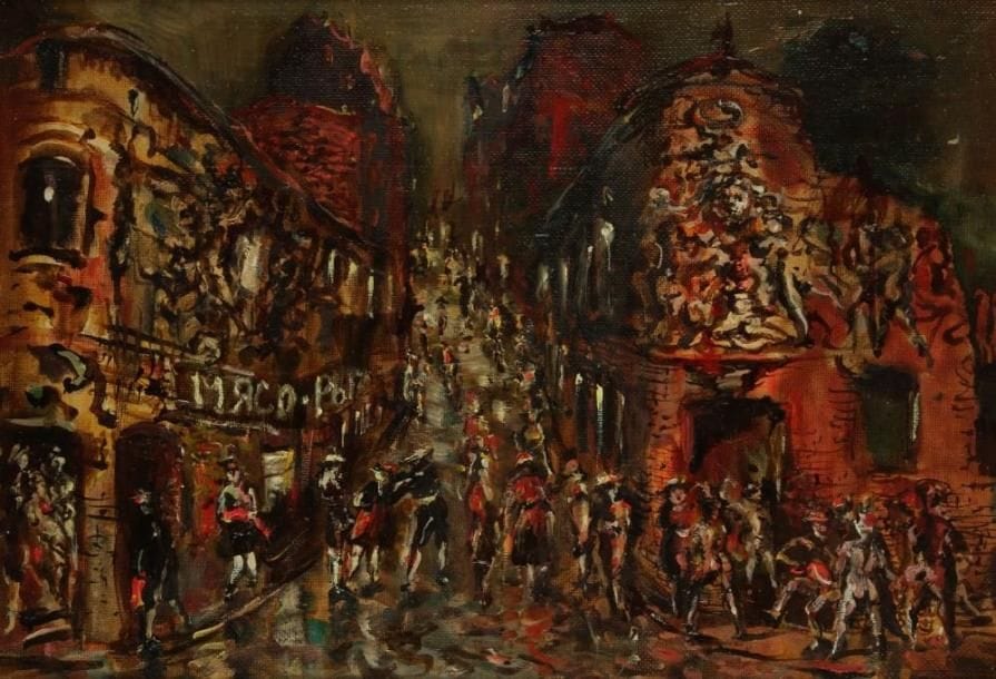 Vladimir Efimovich BRAININ (né en 1951)
Rue animée, 1989 Huile sur toile. Signée et datée au dos. 50 x 35 cm
