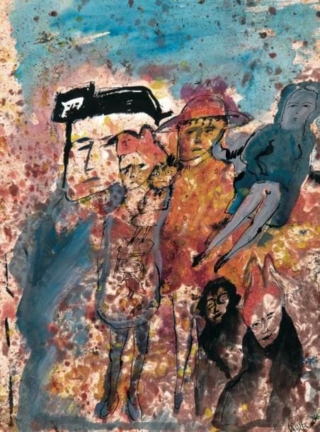 Zvy MILSHTEIN (né en 1934)
Les Colons, 1986 Gouache sur papier cuve. Signée en bas à droite. 65 x 50 cm
