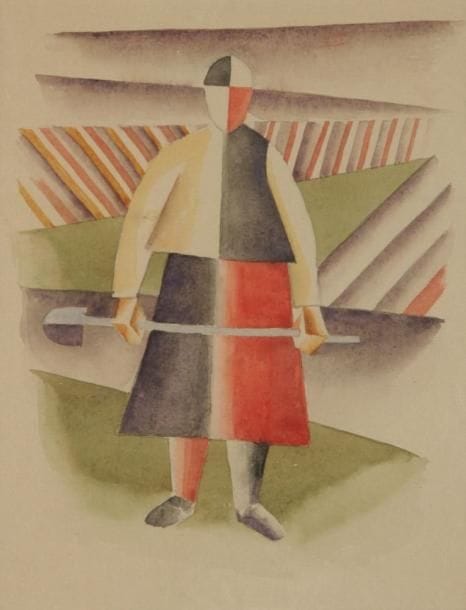 ÉCOLE RUSSE dans le goût de Malevitch
Homme à la pelle Aquarelle. Non signée. 21 x 27 cm
