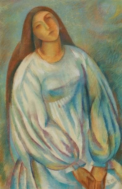 Eléna AGAFONOVA (né en 1952)
Musiciennes - Femme à la robe blanche, 1990 Deux pastels. Monogrammés et datés. 43 x 60 cm et 59 x 42 cm
