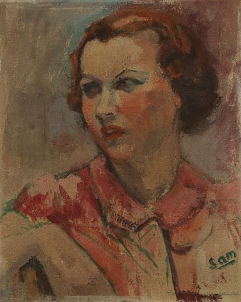 ÉCOLE HONGROISE
Portrait de femme Huile sur toile. Signée Sam en bas à droite. 46 x 38 cm