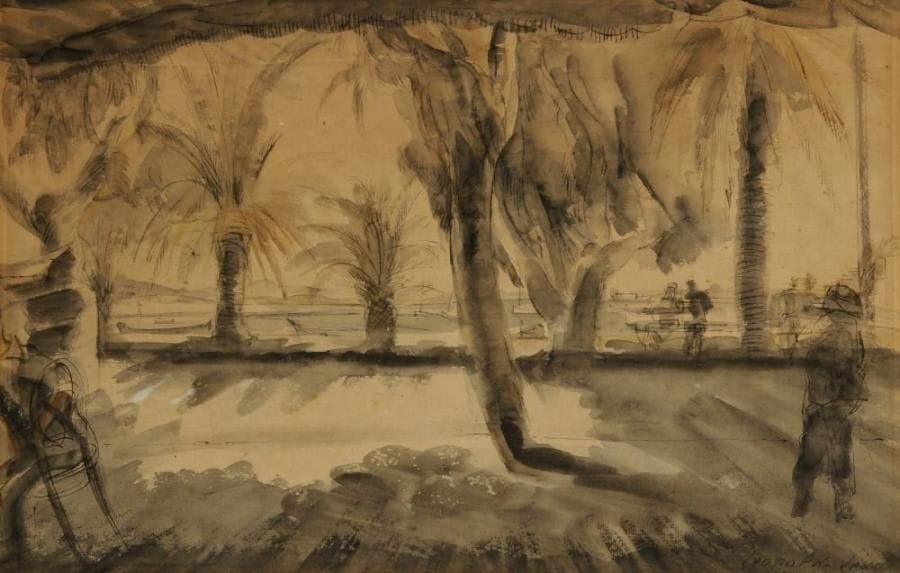 Léopold LÉVY (1882-1966)
Palmiers en bord de mer (Cannes?) Encre, lavis d?encre et aquarelle. Signée en bas à droite. 28 x 44 cm