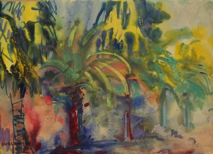 Mieczyslaw LURCZYNSKY (1907-1992)
Palmeraie Gouache et pastel. Signée en bas à gauche. 26,5 x 36 cm