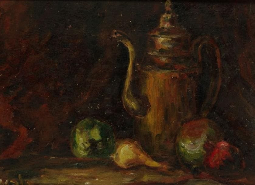 MALA?
Nature morte à la cafetière Huile sur carton. Signée en bas à gauche. 31 x 40 cm
