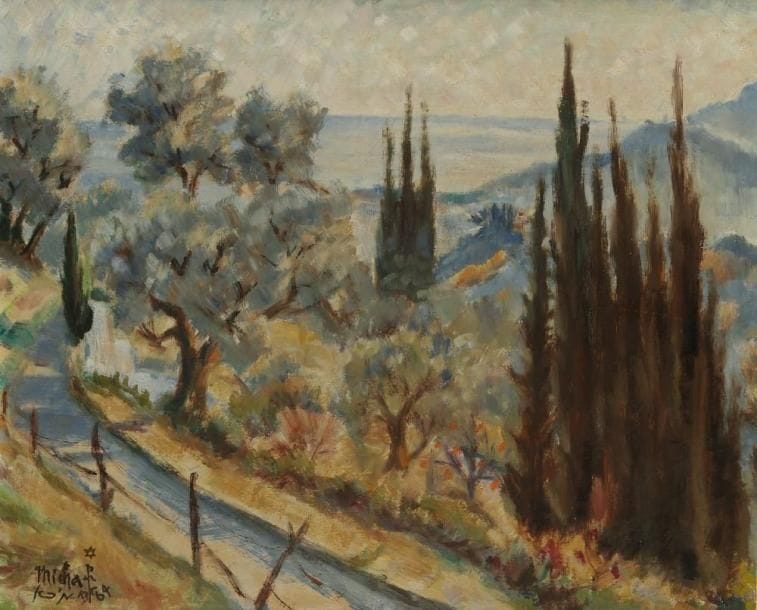 Maurice-Jean MICHA (1890-1969)
Paysage aux cyprès, 1964 Huile sur toile. Signée et datée en bas à gauche. 50 x 61 cm