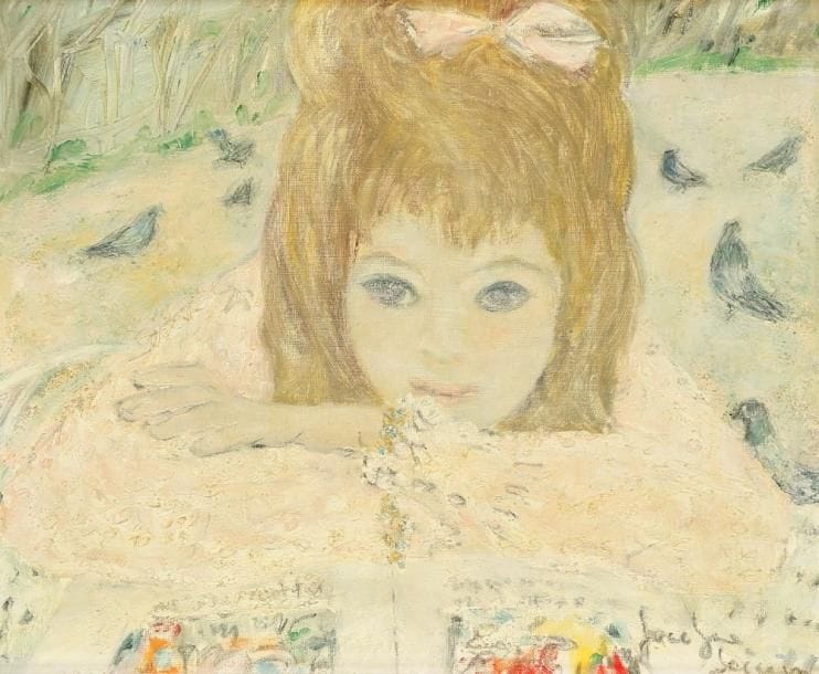 Jocelyne SEGUIN (1921-1999)
Fillette aux pigeons Huile sur toile. Signée en bas à droite. 38 x 47 cm