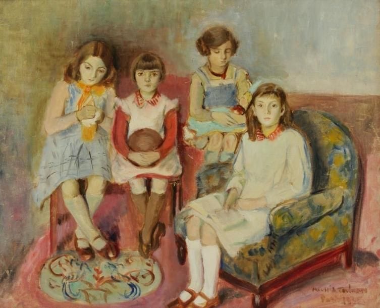 Moussia TOULMAN (1903-?)
Les Filles de la famille, 1935 Huile sur toile. Signée et datée en bas à droite. 54 x 65 cm