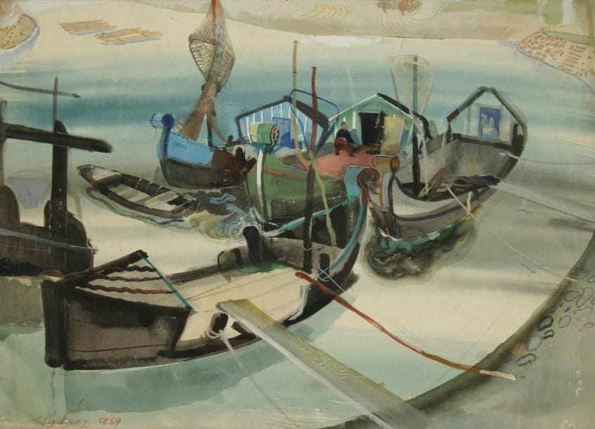 Endre VADASZ [hongrois] (1901-1944)
Bateaux à quai, 1939 Gouache. Signée et datée en bas à gauche. 42 x 58,5 cm