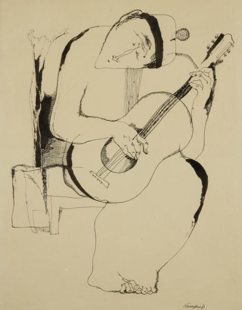 Vladimir GALATSKY (né en 1929)
Homme à la guitare, 1973 Encre. Signée et datée en bas à droite. 39 x 30 cm