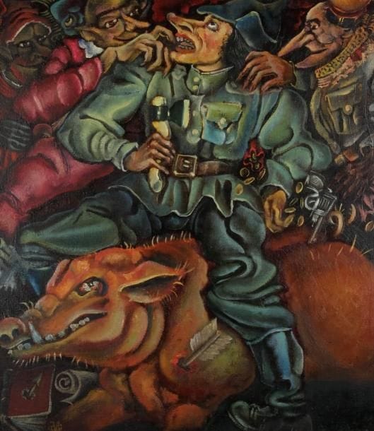 Vladimir GOOS (né en 1950)
Soldats, 1972 Huile sur panneau. Monogrammée en bas à gauche. 76 x 66 cm