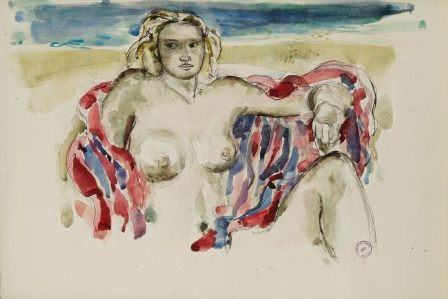 G. HUBER (XXe siècle)
Femme nue Aquarelle et encre. Porte le cachet de la vente de l?atelier le 25.IV.1984 en bas à droite. 38 x 57 cm