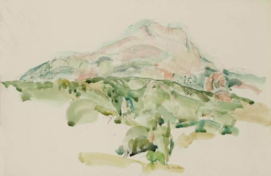 G. HUBER (XXe siècle)
Paysage montagneux Aquarelle. Signée en bas à droite. 57 x 38 cm
