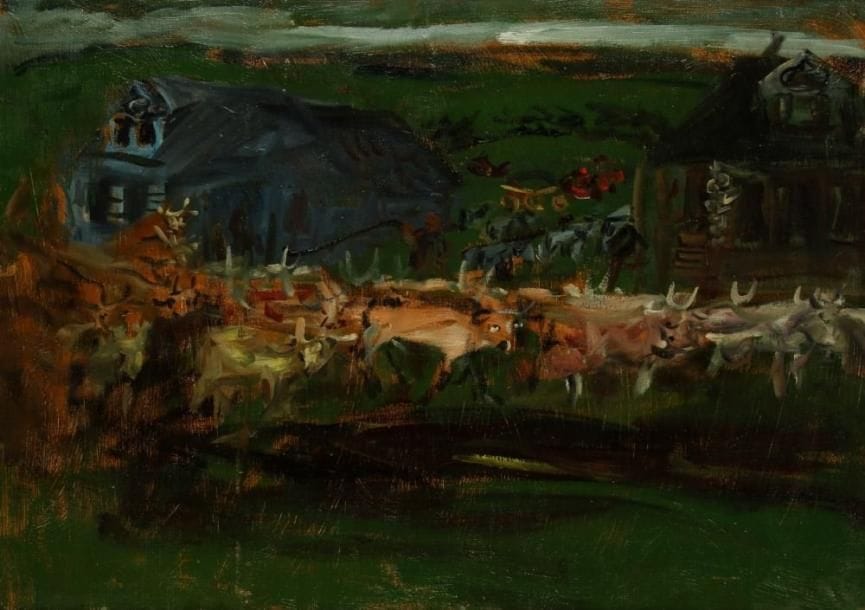 Natta KONICHEVA (né en 1935)
À la ferme, 1976 Huile sur toile. Signée et datée au dos. 50 x 70 cm