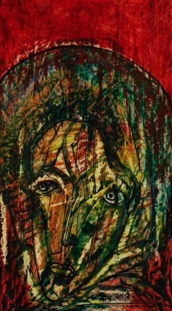 Alexandre PUTOV (né en 1940)
Femme vitrail, 1973 Huile sur panneau. Signée et datée en bas à droite. 68 x 40 cm