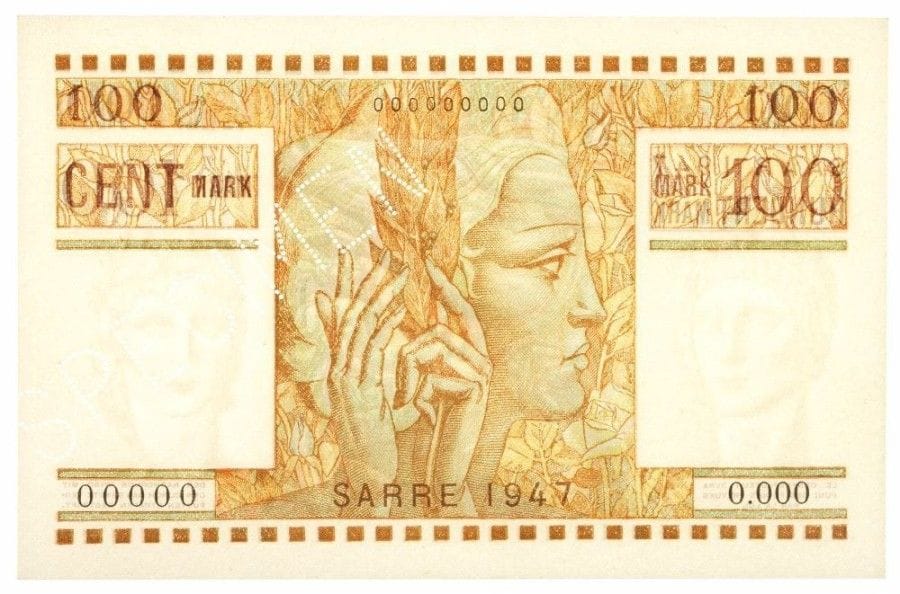 LOT de 6 billets émis en juin 1947 pour la SARRE (SAAR) . sous le contrôle du Trésor Français: . UN MARK. SPECIMEN. A.00000000. « SPECIMEN » en perforation. . VF 44-2. DEUX MARK. SPECIMEN. A.00000000. « SPECIMEN » en perforation. VF.45-2. CINQ MARK. SPECIMEN. A.00000000. « SPECIMEN » en perforation. VF.46-2. DIX MARK. SPECIMEN. O.000. « SPECIMEN » en perforation. VF.47-2. CINQUANTE MARK. SPECIMEN. O.000. « SPECIMEN » en perforation. VF.48-2. CENT MARK. SPECIMEN. O.000. « SPECIMEN » en perforation. VF.49-2. . Très rare ensemble. NEUFS. 