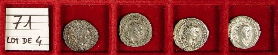 LOT de 4 antoniniens d’argent: TREBONIEN GALLE (2 ex.), HERENNIUS ETRUSCUS (2 ex.). TB à TTB