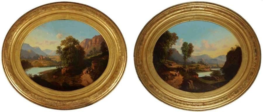 Ecole NAPOLITAINE vers 1830
Promeneurs près d?un lac et d?un château-fort Promeneurs dans un paysage de montagne Paire de toiles ovales. 58 x 73 cm