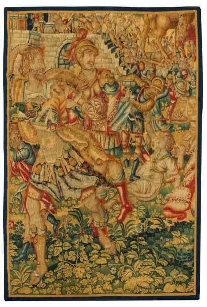 FLANDRES
Panneau en tapisserie représentant un épisode de la mythologie grecque: Le cheval de Troie XVIIe siècle. (Restaurations et manque la bordure). 185 x 137 cm