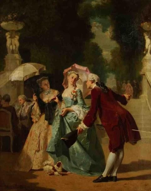 Joseph CARAUD (Cluny 1821-1905)
Scène galante Toile. 89 x 71,5 cm Signé et daté en bas à gauche J. Caraud 1856. Accidents