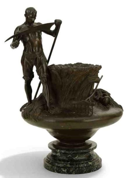 Antonin LARROUX (1859-1913)
Grand vase en bronze à décor d?un faucheur en ronde bosse sur l?épaule. Socle en marbre vert de mer. H: 49 cm