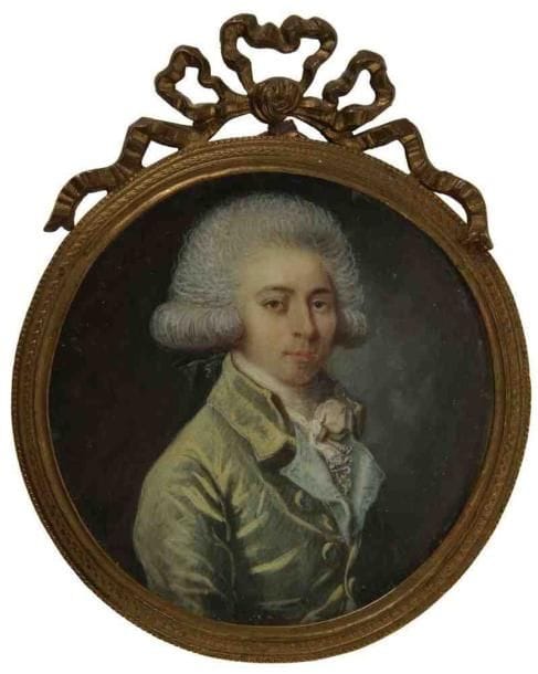 Pierre Etienne LE GAY dit LE GAY de BRIE (Meaux, vers 1758 -?, après 1815)
Homme en élégante veste moirée vert anis gansée de bleu et gilet bleu à revers brodés Miniature sur ivoire, fin du XVIIIe siècle Signée et datée en bas à gauche: Le Gay / [17] 89 Diam. 6,3 cm Cadre en métal doré du XIXe siècle surmonté d?un noeud enrubanné, H. 8,7 cm. Elève de Doyen et d?Augustin, Le Gay est représenté au Musée des Arts décoratifs de Paris, au M.B.A. de Caen, au musée de la miniature, Montélimar, au Nationalmuseum, Stockholm, etc