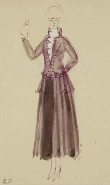 Raoul DUFY (1877-1953)
Étude de robe violine pour Paul Poiret, vers 1917 Encre, gouache et traits de crayon. Timbre du monogramme en bas à gauche. 31 x 20 cm Bibliographie: Galerie Fanny Guillon-Laffaille, Galerie Neffe- Degandt, Raoul Dufy-Paul Poiret, Modèles, aquarelles & dessins, 1917-1919. Paris, Londres, 1998, p. 58