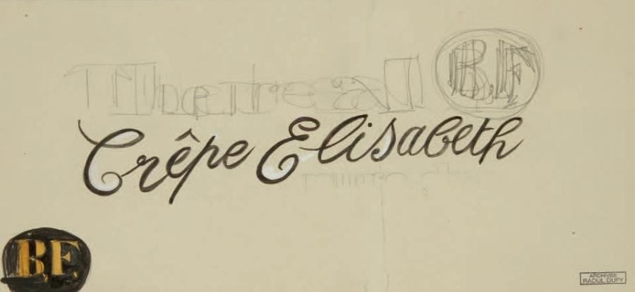 Raoul DUFY (1877-1953)
Crêpe Elisabeth Aquarelle, gouache et traits de crayon. Projet graphique pour les ateliers Bianchini-Férier. Timbre des archives Raoul Dufy en bas à droite. (Pliure). 13 x 28 cm