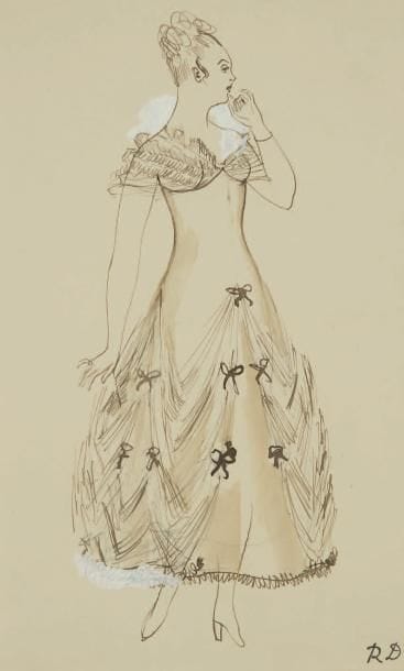 Raoul DUFY (1877-1953)
Étude de robe à rubans pour Paul Poiret, vers 1917 Encre, gouache et traits de crayon. Timbre du monogramme en bas à droite. 31 x 20 cm Bibliographie: Galerie Fanny Guillon-Laffaille, Galerie Neffe- Degandt, Raoul Dufy-Paul Poiret, Modèles, aquarelles & dessins, 1917-1919. Paris, Londres, 1998, p. 26