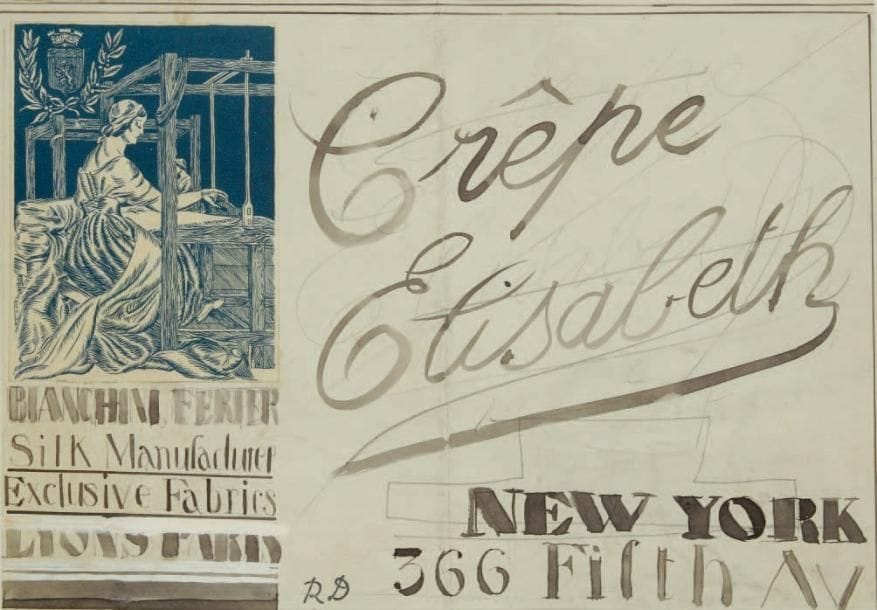 Raoul DUFY (1877-1953)
Crêpe Elisabeth Encre, gouache, trait de crayon et lithographie. Projet graphique pour les ateliers Bianchini-Férier à New York. Timbre du monogramme en bas vers la gauche. (Pliure). 20 x 29 cm
